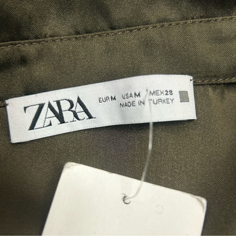 Zara Army green satin effect Grommet Eyelet Split Hem Belted Shirt Dress M NWT - Picture 9 of 14